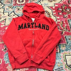 Vintage red Maryland MD terrapins zip up hoodie, embroidered black, men s small